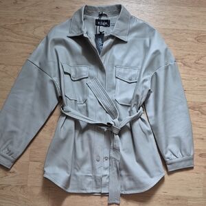 Beige-Taupe Faux-Leather Belted Shacket